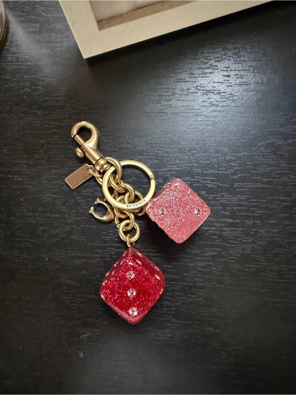 Coach Pink and Red Glitter Dice Keychain Charm with Gold Hardware
